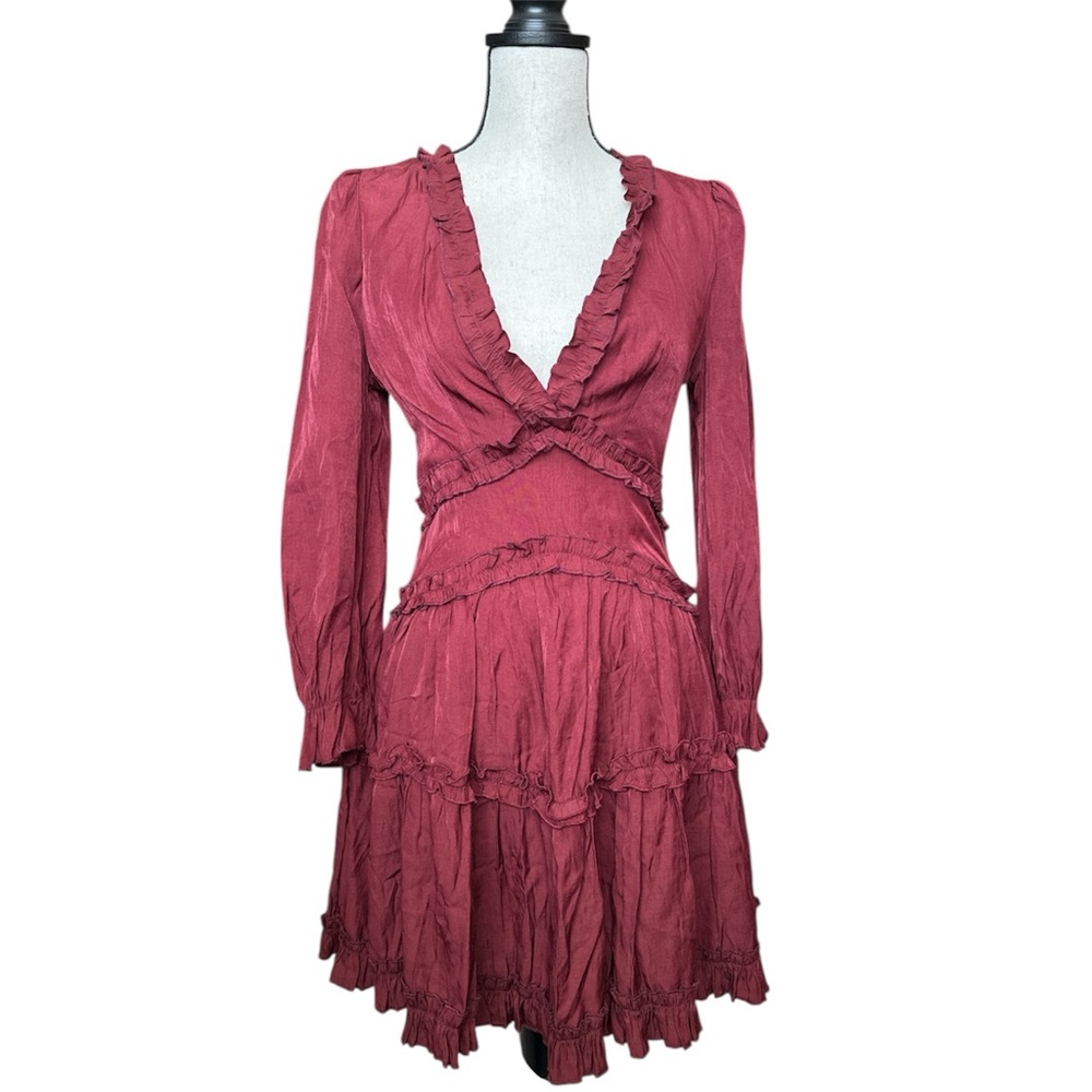 MABLE Ruffled Boho Deep Wine Red Long Sleeve Tiered Mini Dress – Small